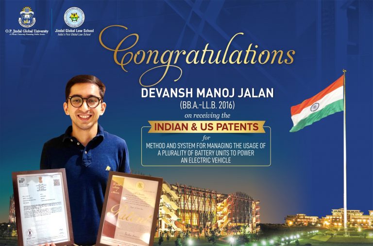 Indian & US Patents for Electric Vehicle Technology Awarded to Devansh Manoj Jalan, Student of JGLS