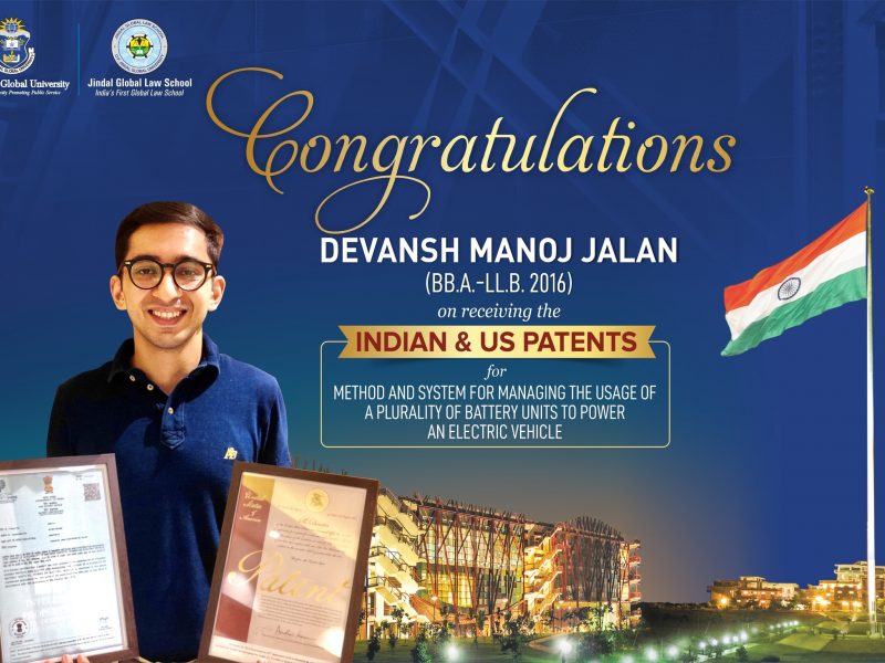 Indian & US Patents for Electric Vehicle Technology Awarded to Devansh Manoj Jalan, Student of JGLS