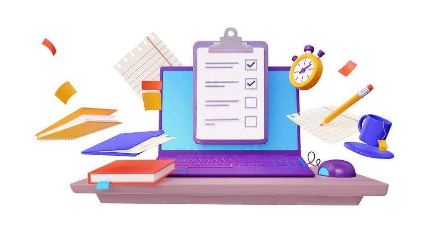 Illustration of a laptop displaying a completed checklist, surrounded by study materials