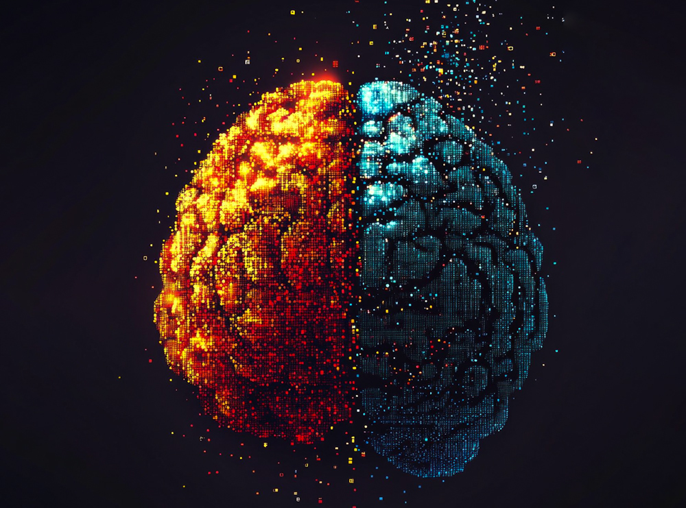 Two hemispheres of a digitally rendered brain, one warm, one cool