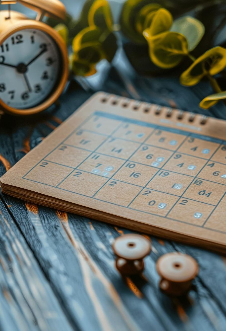 A desk calendar beside a clock, marking the fixed daily rhythm