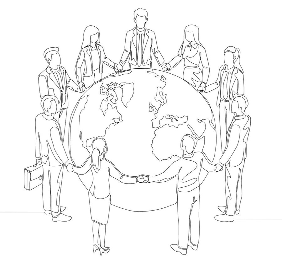 Line drawing of a diverse group of professionals joining hands around a globe