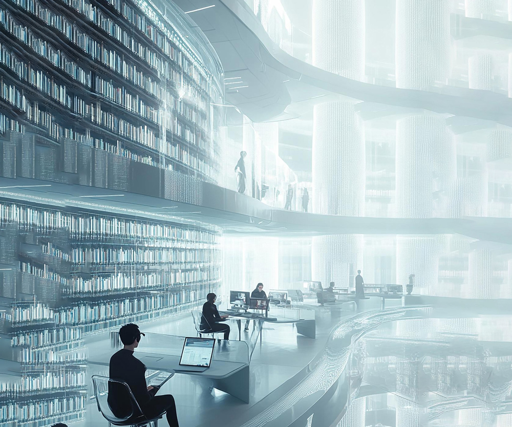 A vast, luminous library with researchers working among the stacks