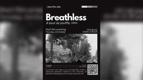 Screening of Jean-Luc Godard's French New Wave classic Breathless (1960, 90 minutes)