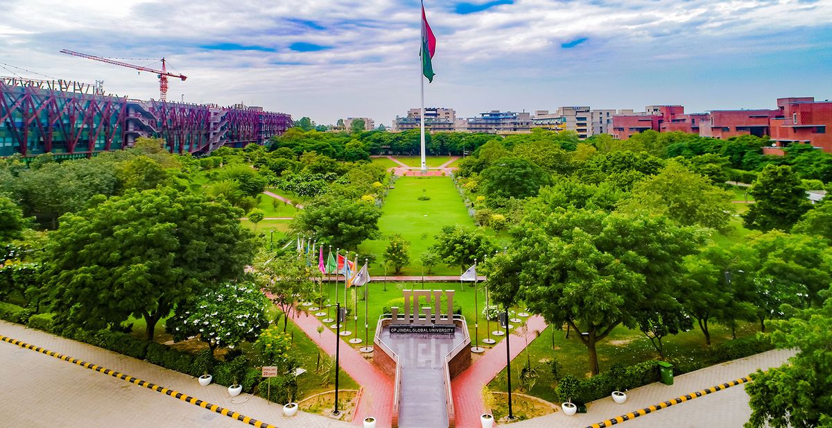 O.P. Jindal Global University campus entrance and gardens, Sonipat, Haryana