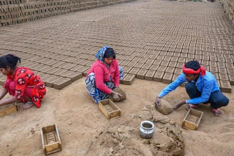 Labourers work at a brick kiln during a cold winter day, on the outskirts of Agartala, on January 10. | Photo Credit: PTI